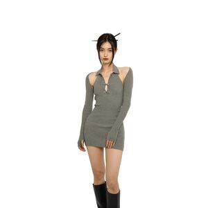 Sweet Chilling Under Wraps Ribbed Knit Dress Set - S - Gray